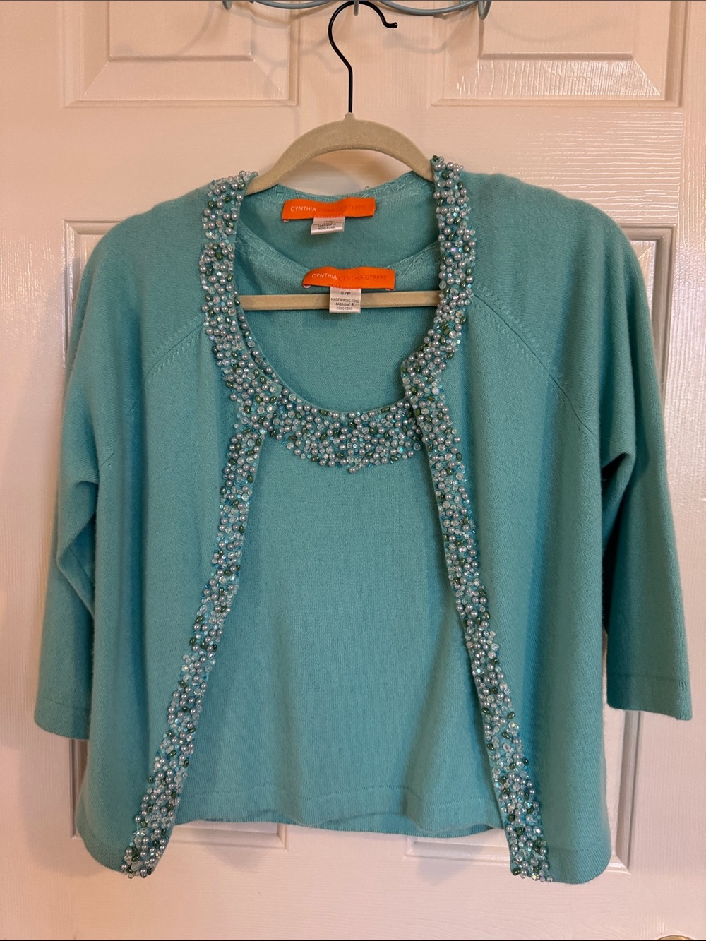 Cynthia Rowley Aqua Beaded Open Front Cardigan